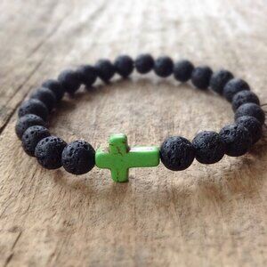 Green Cross Black Lava Stone Beaded Stretch Bracelet 10mm beads - 8 inches long